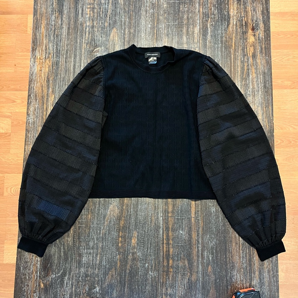 Club Monaco Black Ribbed Knit Top with balloon sleeves.